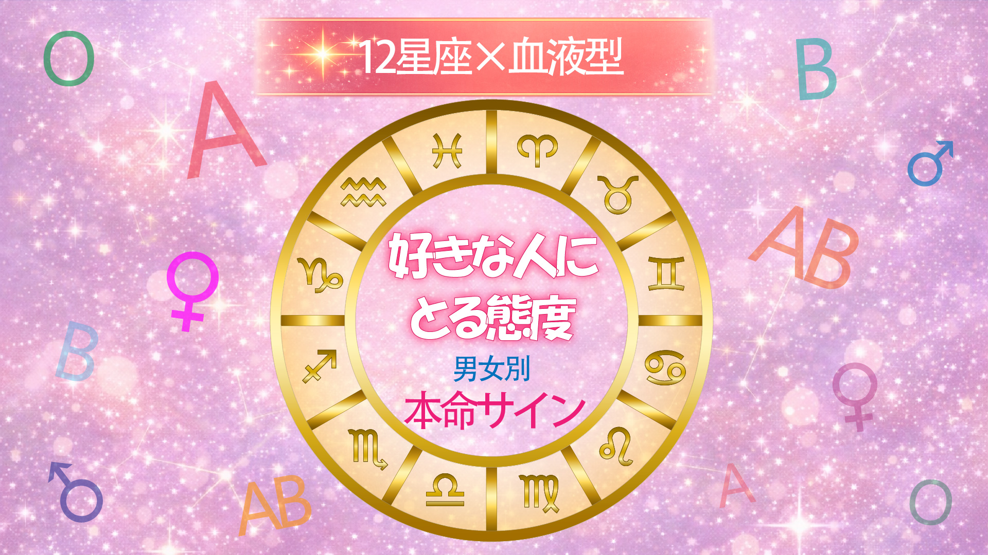 12星座×血液型の好きな人にとる態度を男女別でまとめた円形ホイールデザインのアイキャッチ画像