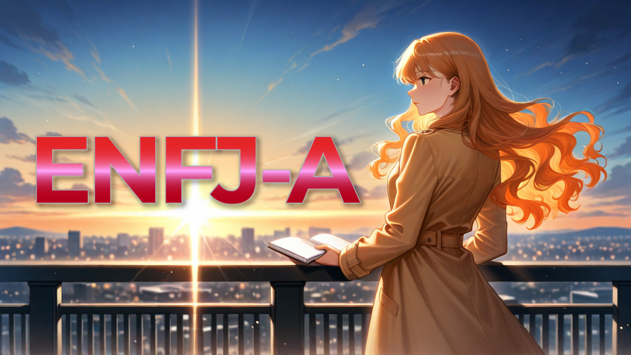 ENFJ-A女性が夕暮れの街を見渡しながらノートを手に、人との関わりやこれからの方向性を思い描く姿を描いたアイキャッチ画像