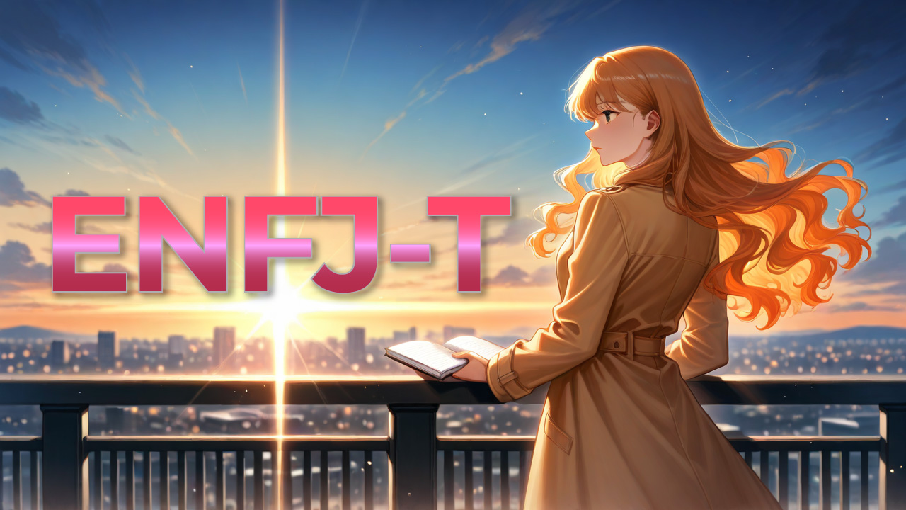 ENFJ-T女性が夕暮れの街を見渡しながらノートを手に、人との関わりやこれからの方向性を思い描く姿を描いたアイキャッチ画像