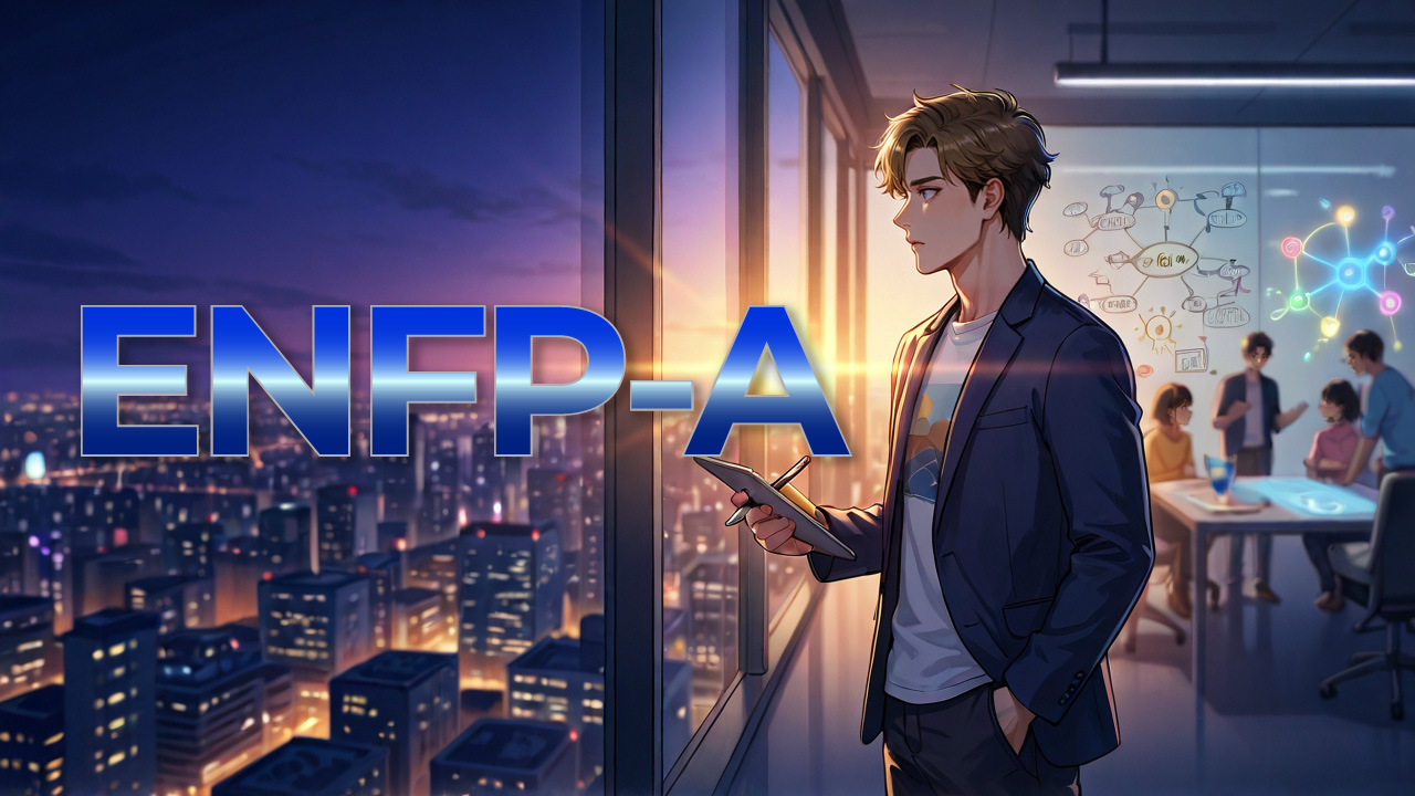 ENFP-A男性が夕暮れのオフィスでタブレットを手にし、仲間とのアイデアや可能性を広げながら未来を思い描く姿を描いたアイキャッチ画像