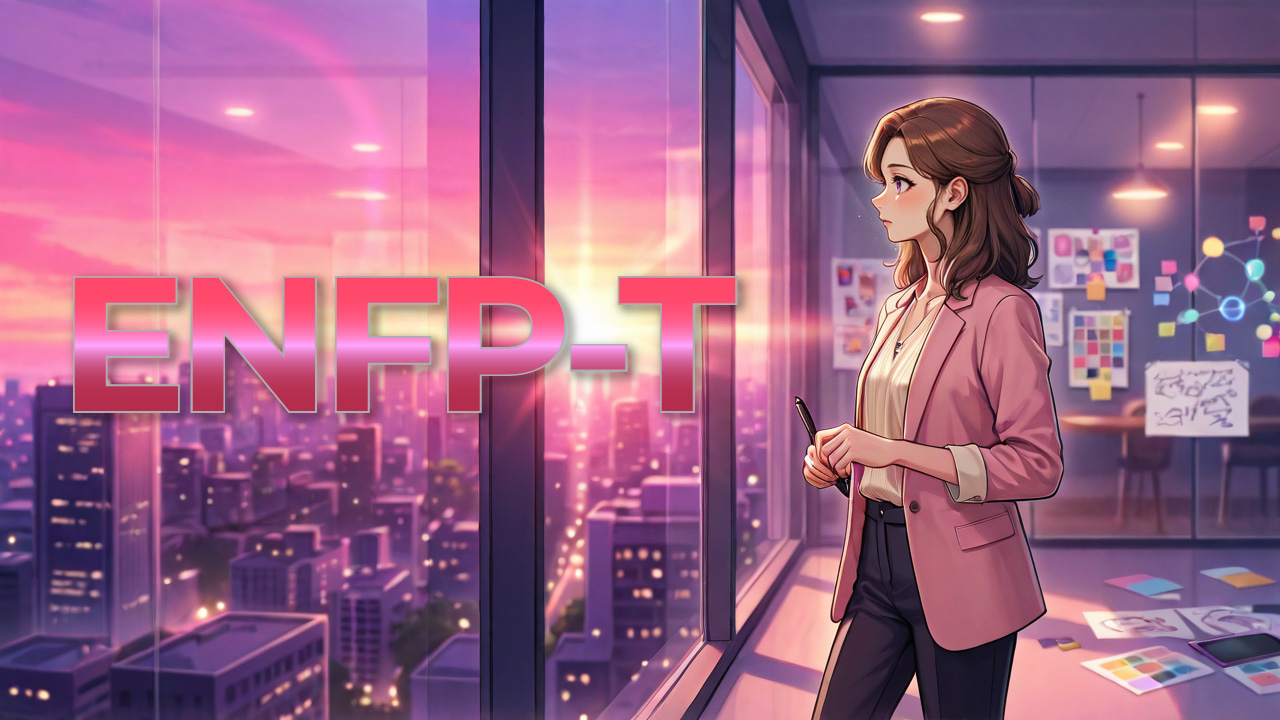 ENFP-T女性が夕暮れのオフィスでアイデアを形にしながら、新しい可能性や人とのつながりを思い描く姿を描いたアイキャッチ画像