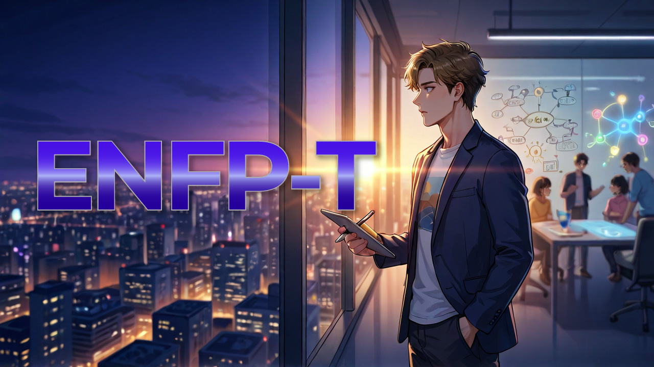ENFP-T男性が夕暮れのオフィスでタブレットを手にし、仲間とのアイデアや可能性を広げながら未来を思い描く姿を描いたアイキャッチ画像