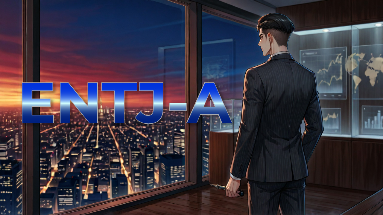夕暮れの高層オフィスで夜景を見下ろすスーツ姿のENTJ-A男性を描いたアイキャッチ画像。リーダー気質と戦略性を感じさせるクールな雰囲気。