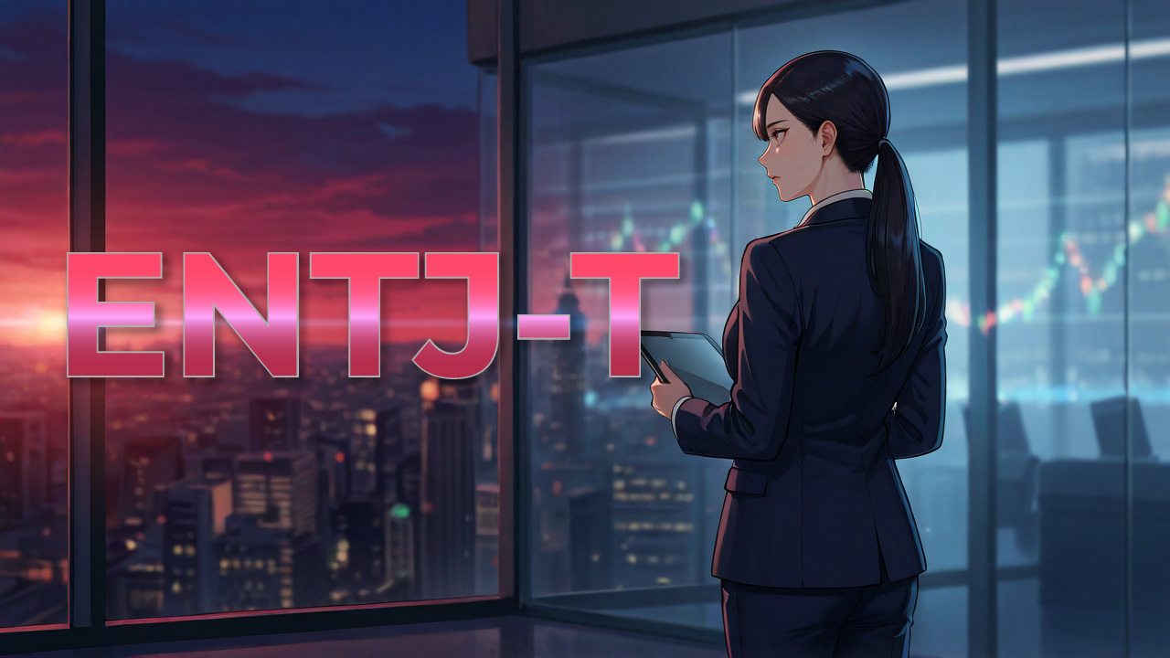 夕暮れの高層オフィスで夜景を背に立つ、スーツ姿のENTJ-T女性を描いたアイキャッチ画像。理性的で自立した雰囲気と、行動力やリーダーシップを感じさせるデザイン。