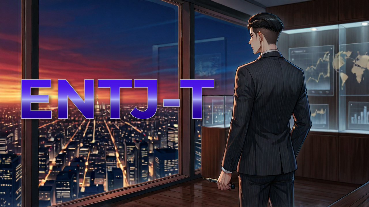 夕暮れの高層オフィスで夜景を見下ろすスーツ姿のENTJ-T男性を描いたアイキャッチ画像。リーダー気質と戦略性を感じさせるクールな雰囲気。