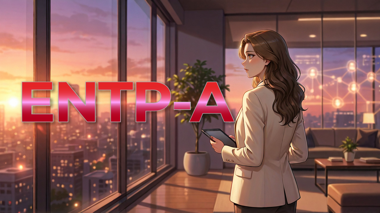 夕暮れの高層オフィスで街並みを眺めながらタブレットを持つ、ENTP-A女性をイメージしたアイキャッチ画像。大きく「ENTP-A」の文字が配置され、開放感のある室内と柔らかな夕景が、発想力と行動力のある雰囲気を表現しています。