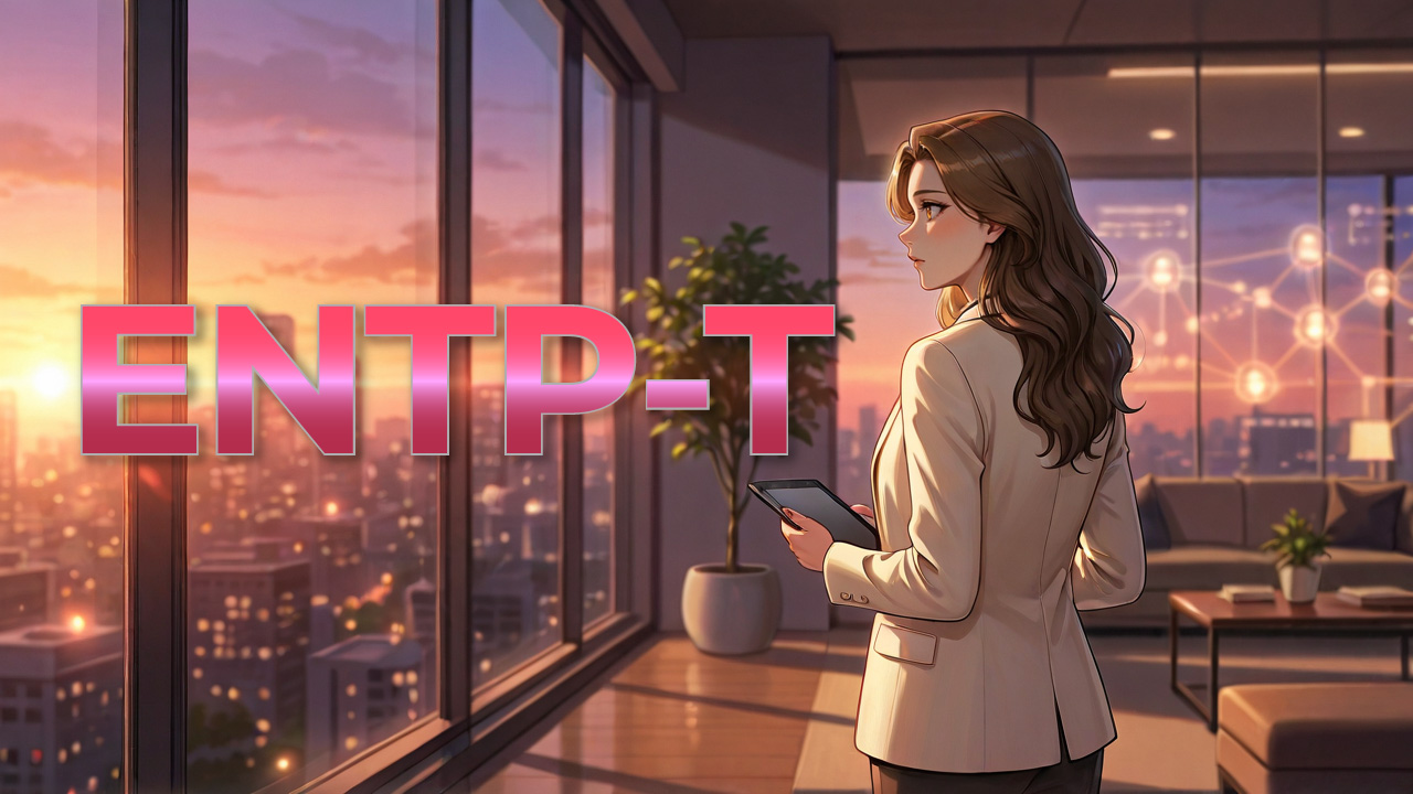 夕暮れの高層オフィスで街並みを眺めながらタブレットを持つ、ENTP-T女性をイメージしたアイキャッチ画像。大きく「ENTP-T」の文字が配置され、開放感のある室内と柔らかな夕景が、発想力と行動力のある雰囲気を表現しています。