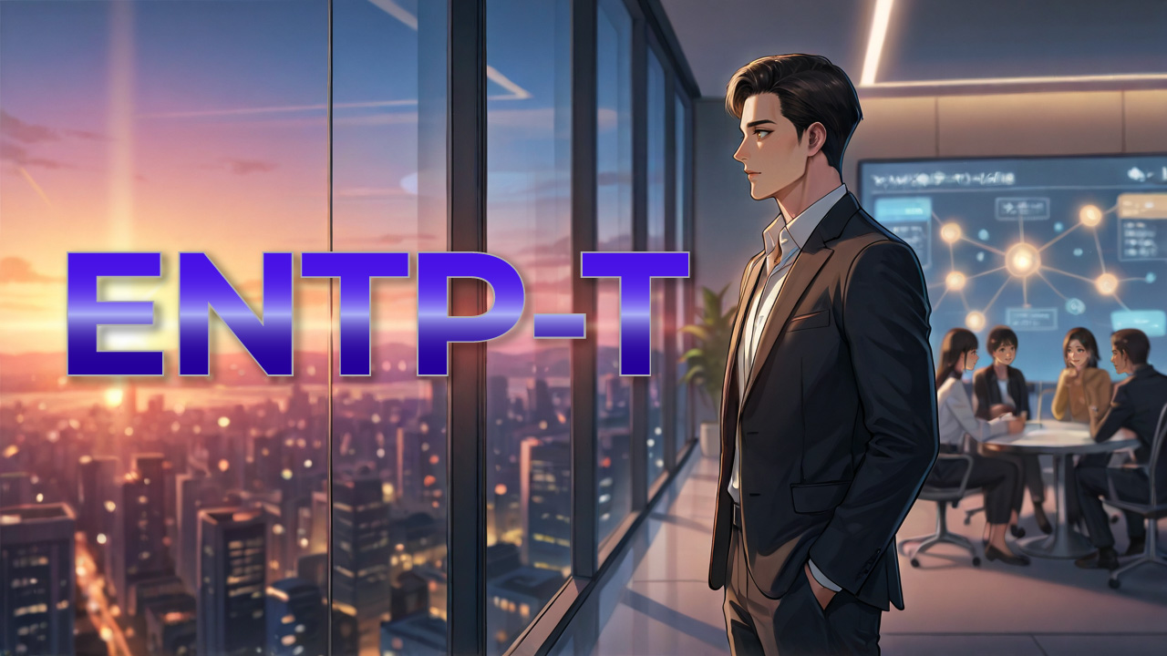 夕暮れの高層オフィスで都市の景色を背景に立つ、スーツ姿のENTP-T男性を描いたアイキャッチ画像。好奇心と発想力が伝わる雰囲気の中、会議中のチームやアイデアを示す図が配置されたデザイン。
