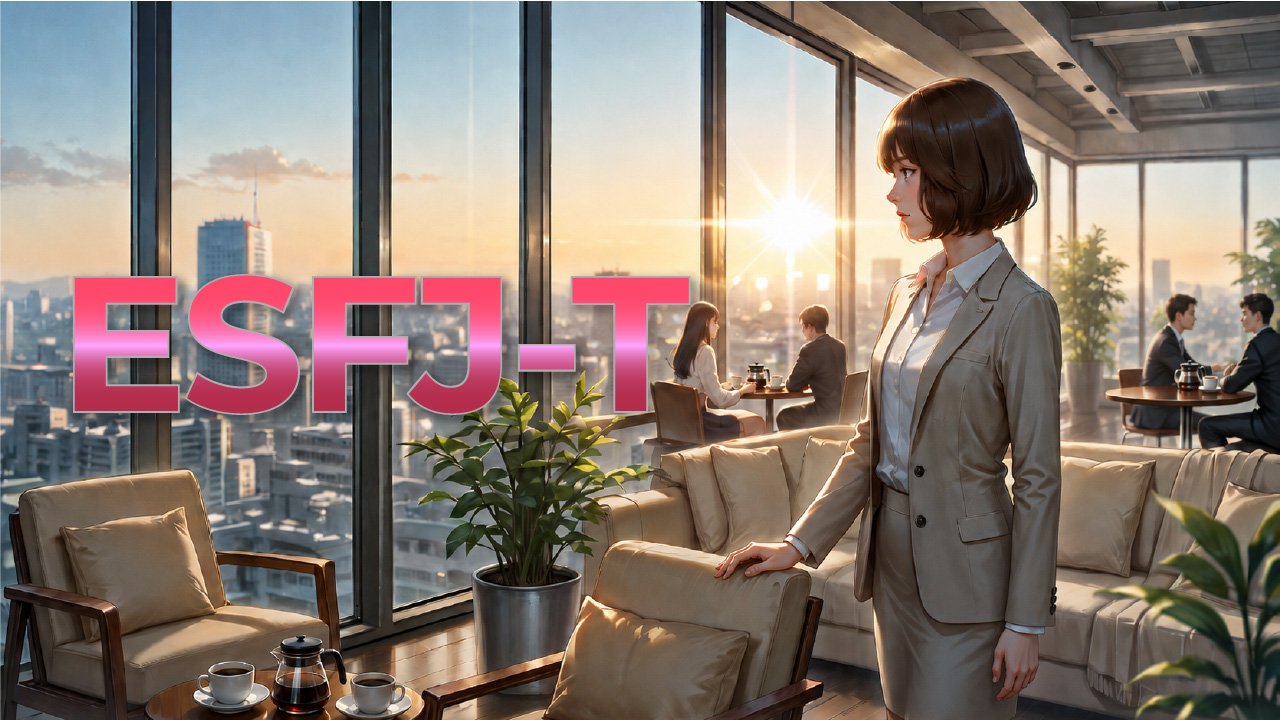 高層オフィスラウンジで夕日を背景に立つESFJ-T女性のイメージ。社交的で気配り上手、周囲との調和を大切にする雰囲気を表したアイキャッチ画像。