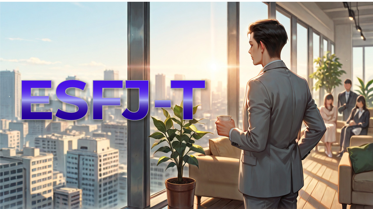 高層オフィスの窓辺でコーヒーを手に立つESFJ-T男性のイメージ。社交性と責任感、周囲を支える穏やかな雰囲気を表したアイキャッチ画像。