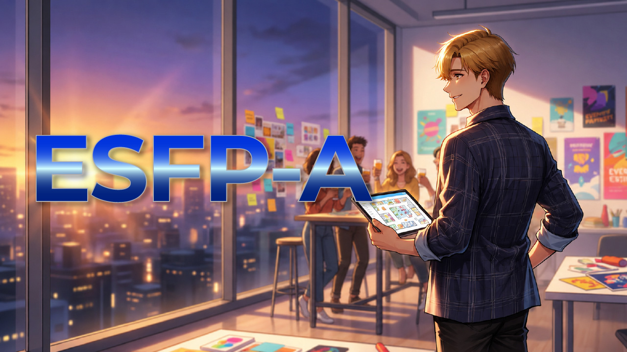 夕暮れのオフィスでタブレットを持ち、明るく社交的な雰囲気を見せるESFP-A男性をイメージしたアイキャッチ画像