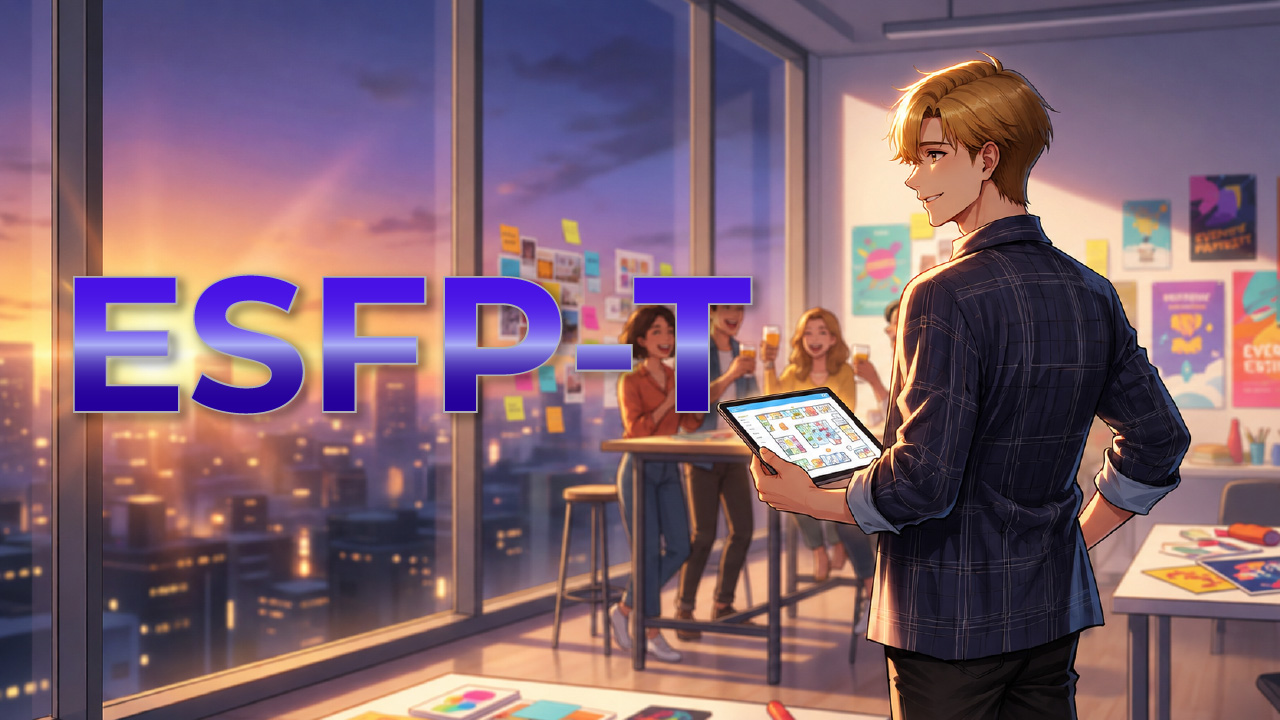 夕暮れのオフィスでタブレットを持ち、明るく社交的な雰囲気を見せるESFP-T男性をイメージしたアイキャッチ画像