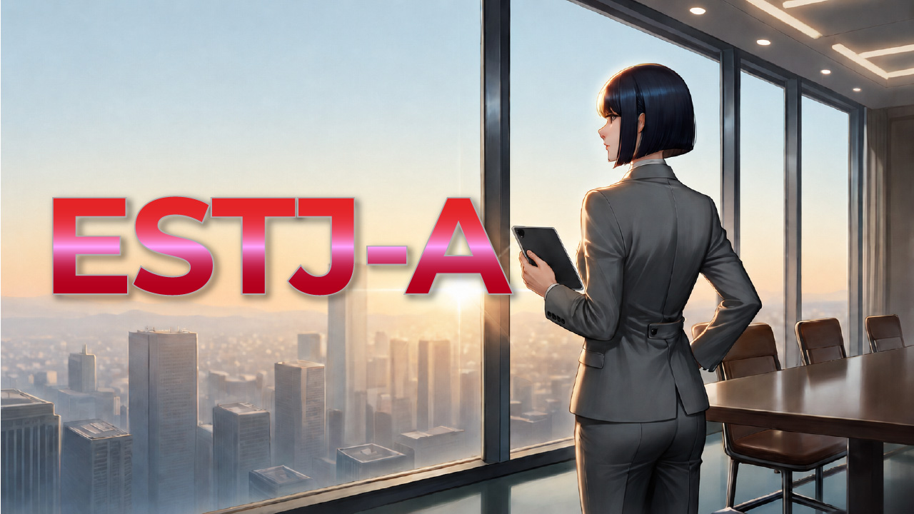 朝の会議室でタブレットを持ちながら街を見渡す、冷静で行動力のあるESTJ-A女性をイメージしたイラスト
