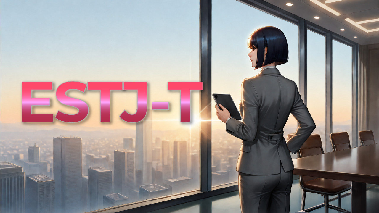 朝の会議室でタブレットを持ちながら街を見渡す、冷静で行動力のあるESTJ-T女性をイメージしたイラスト