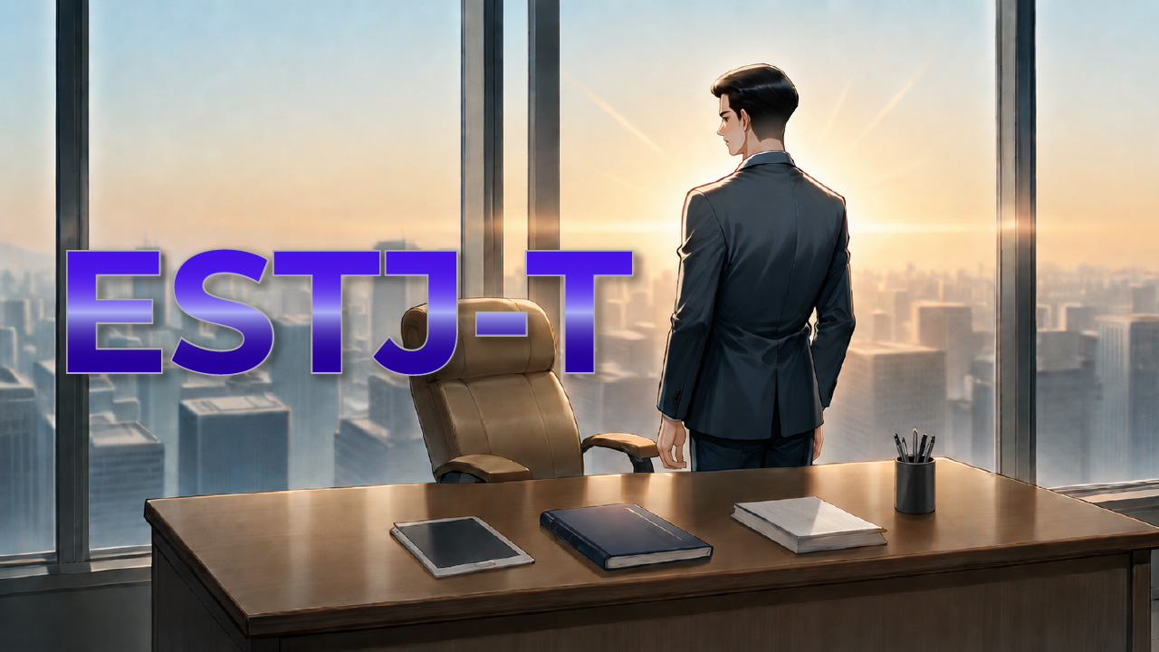 朝日が差し込むオフィスで街を見つめる、責任感とリーダーシップのあるESTJ-T男性をイメージしたイラスト