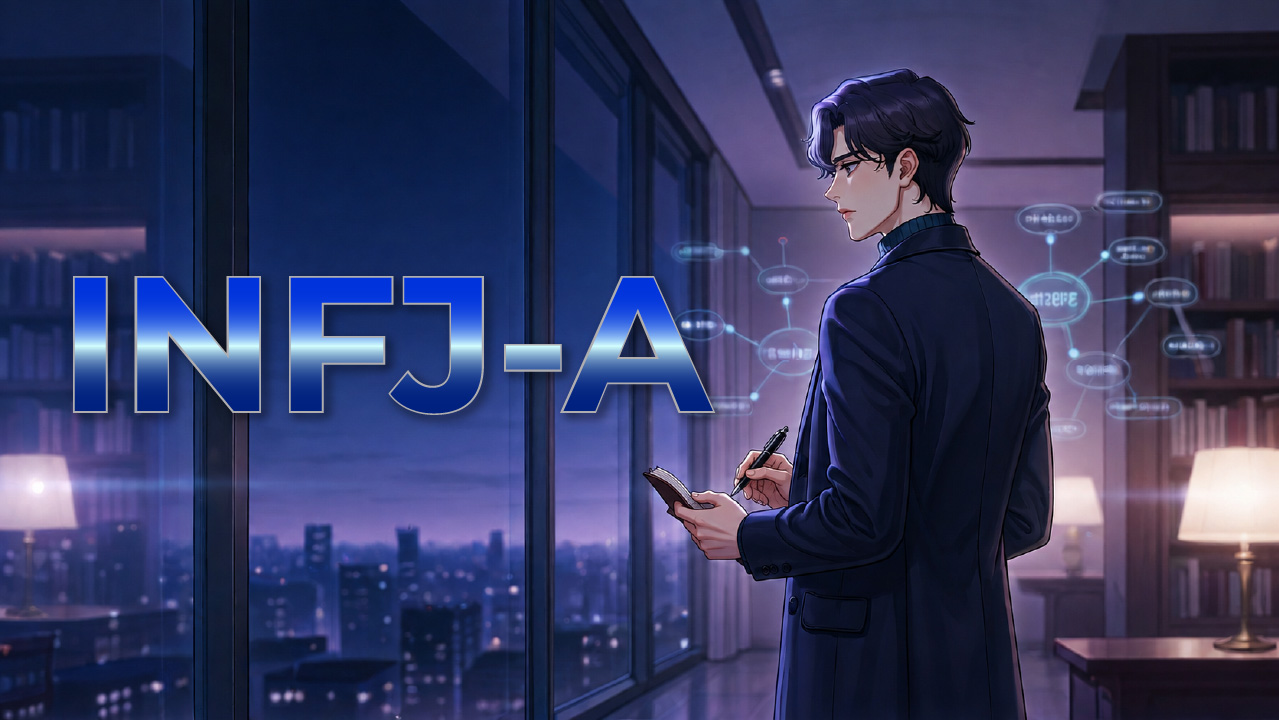 INFJ-A男性が夜景の見えるオフィスでノートに考えを書き留めながら、人との関係やその先の意味を静かに整理する姿を描いたアイキャッチ画像