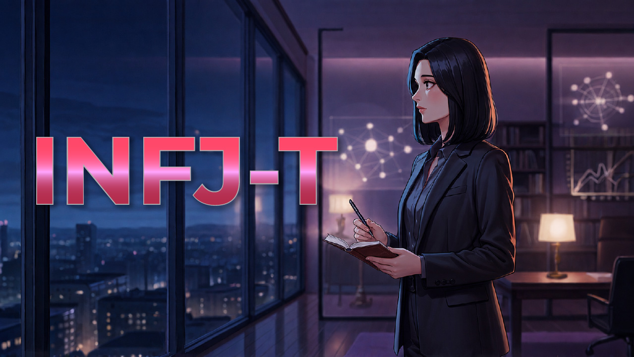 INFJ-T女性が夜景の見えるオフィスでノートを手に考えを整理し、人との関係やこれからの方向性を静かに見つめる姿を描いたアイキャッチ画像