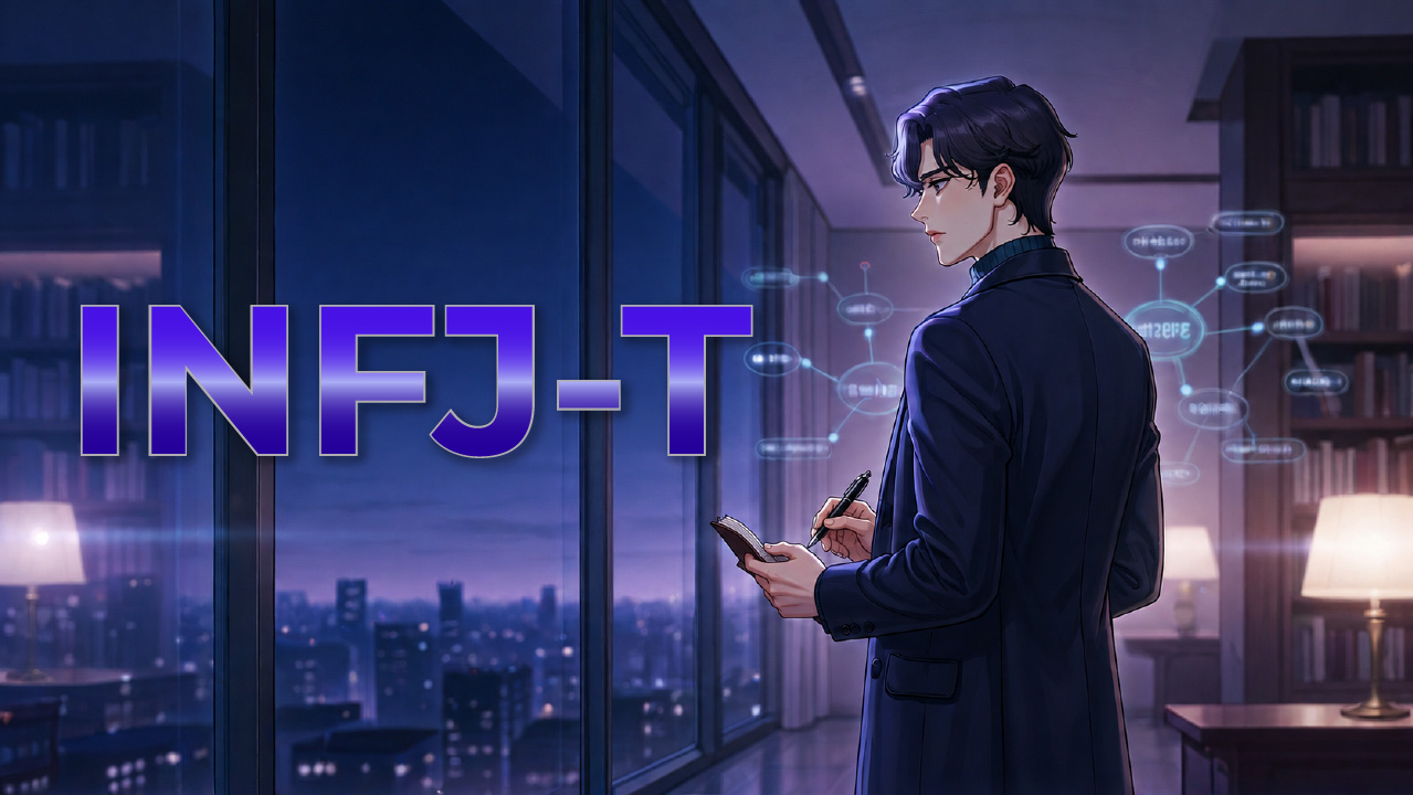 INFJ-T男性が夜景の見えるオフィスでノートに考えを書き留めながら、人との関係やその先の意味を静かに整理する姿を描いたアイキャッチ画像