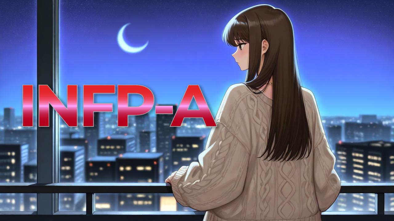 INFP-A女性の穏やかで理想を大切にする雰囲気を、三日月と夜景を背景に表現したイラスト