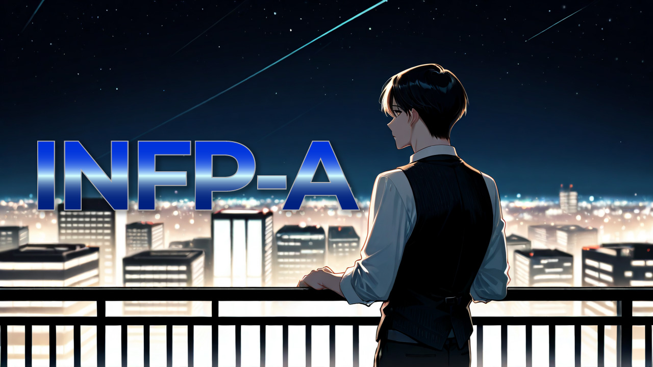 INFP-A男性の静かで理想を大切にする雰囲気を、夜景と星空を背景に表現したイラスト