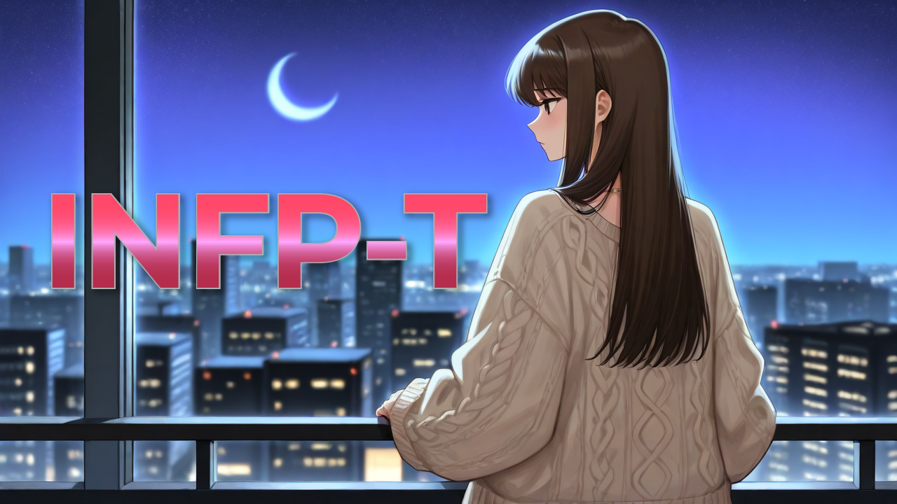 INFP-T女性の穏やかで理想を大切にする雰囲気を、三日月と夜景を背景に表現したイラスト
