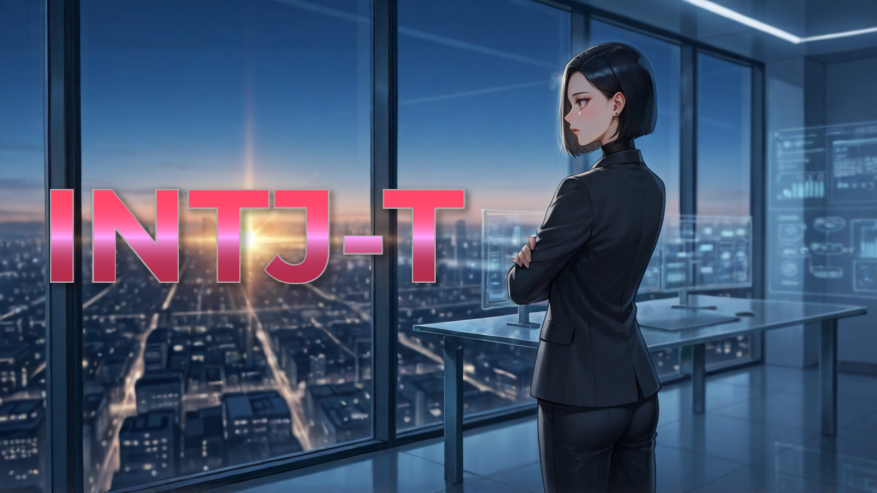 INTJ-T女性が高層オフィスから夕暮れの都市を見渡し、自分の考えを持ちながら冷静に未来を見据える姿を描いたアイキャッチ画像
