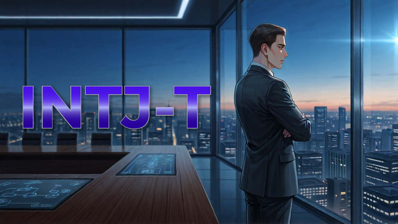 INTJ-T男性が高層オフィスから夕暮れの都市を見渡し、冷静に未来を考える姿を描いたアイキャッチ画像