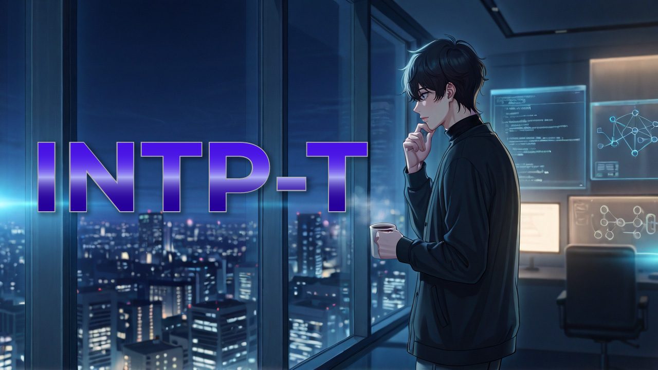 INTP-T男性が夜景の見えるオフィスでコーヒーを手に思考を巡らせ、論理やアイデアを静かに整理する姿を描いたアイキャッチ画像