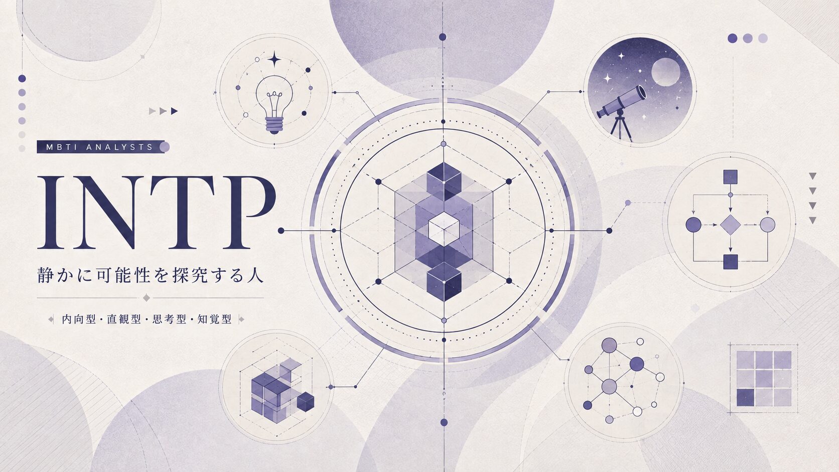 INTPの基本性格や特徴、A/T・男女の違い、恋愛傾向や相性をイメージした抽象的なアイキャッチイラスト