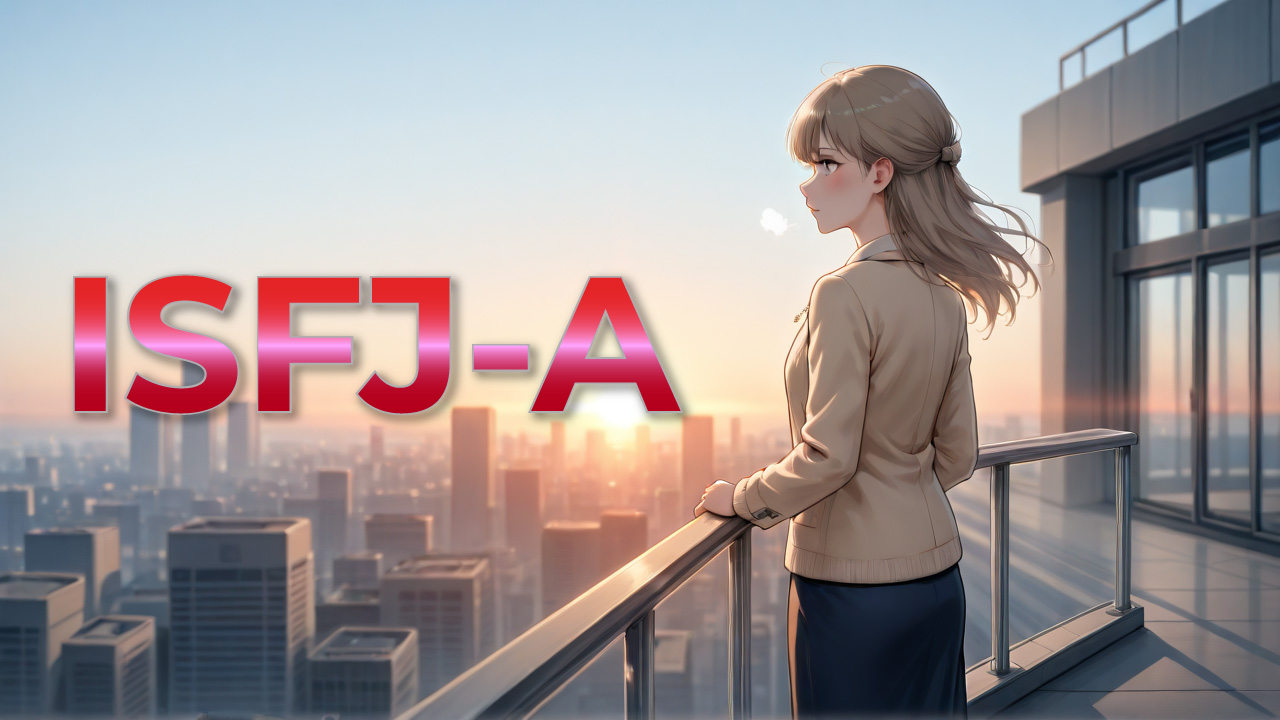 夕暮れの街並みを背景に、穏やかでやさしい雰囲気をまとったISFJ-A女性をイメージしたイラスト