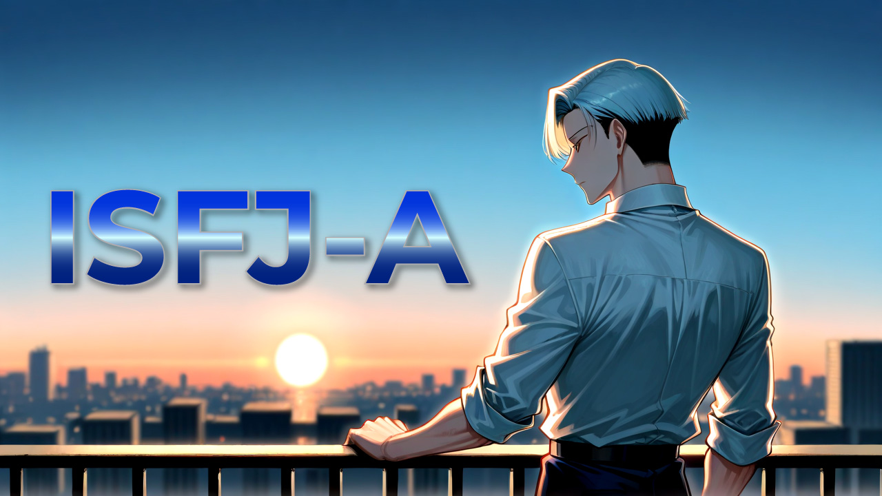 夕暮れの街並みを背景にたたずむISFJ-A男性をイメージしたアイキャッチ画像