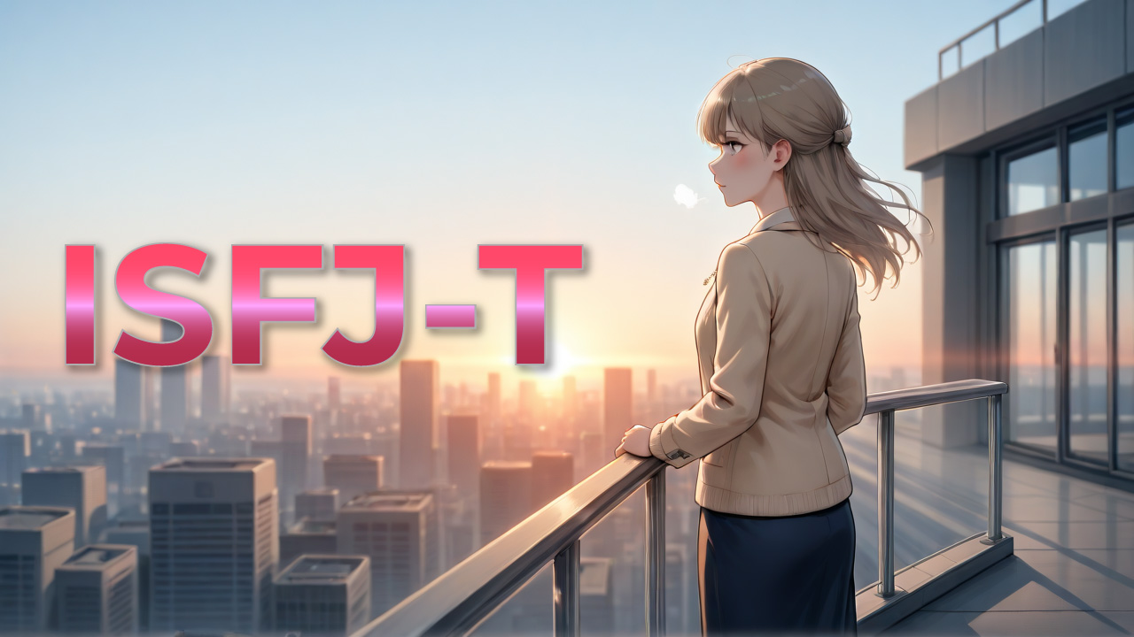 夕暮れの街並みを背景に、穏やかでやさしい雰囲気をまとったISFJ-T女性をイメージしたイラスト