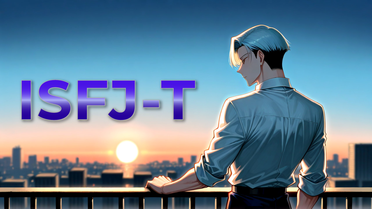 夕暮れの街並みを背景にたたずむISFJ-T男性をイメージしたアイキャッチ画像