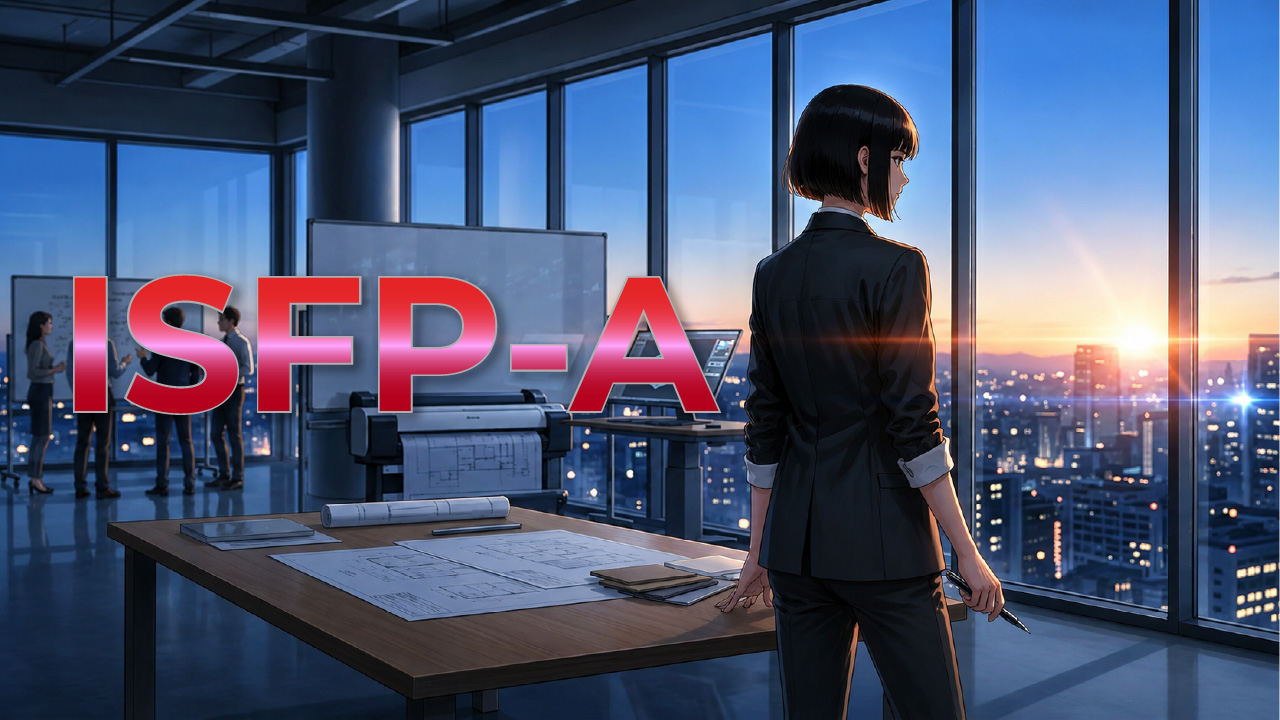 夕暮れのオフィスで設計図を前に立つISFP-A女性のイメージ。自然体で感受性があり、自分の感覚を大切にしながら冷静に物事へ向き合う雰囲気を表したアイキャッチ画像。