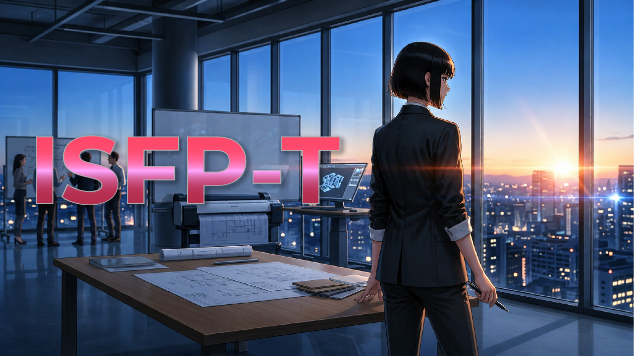 夕暮れのオフィスで設計図を前に立つISFP-T女性のイメージ。自然体で感受性があり、自分の感覚を大切にしながら冷静に物事へ向き合う雰囲気を表したアイキャッチ画像。