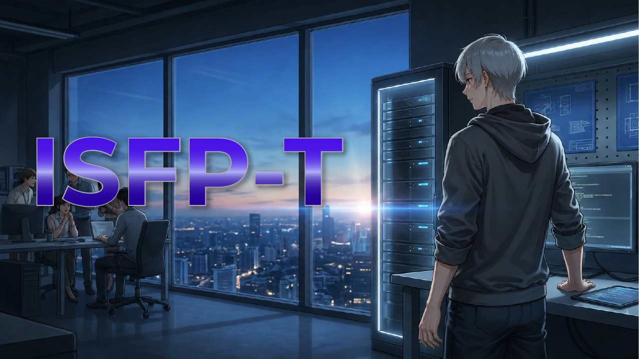 夜景を望むオフィスでサーバーやモニターの前に立つISFP-T男性のイメージ。自然体で感受性があり、冷静に自分の感覚を大切にする雰囲気を表したアイキャッチ画像。