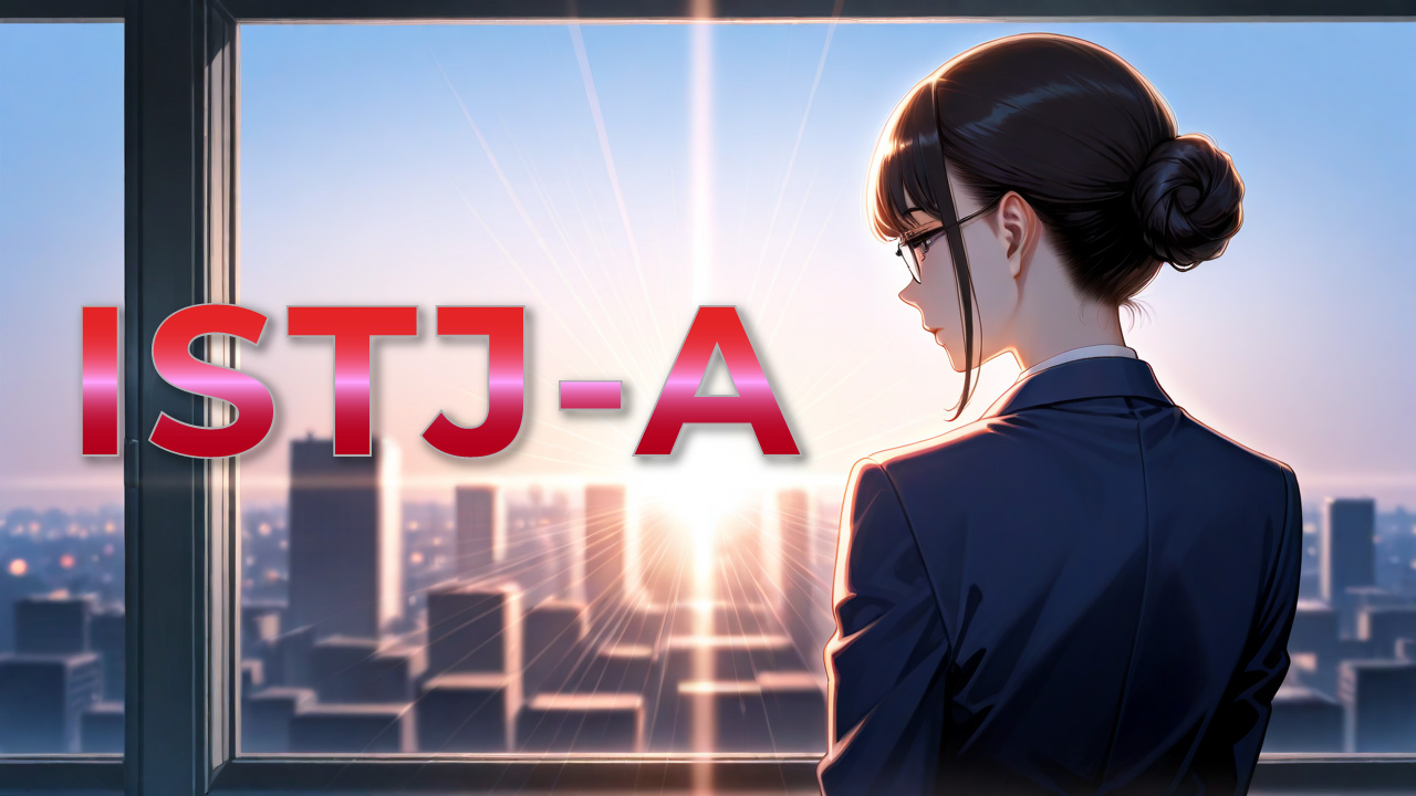 窓辺で夕日を見つめるスーツ姿のISTJ-A女性をイメージしたアイキャッチ画像