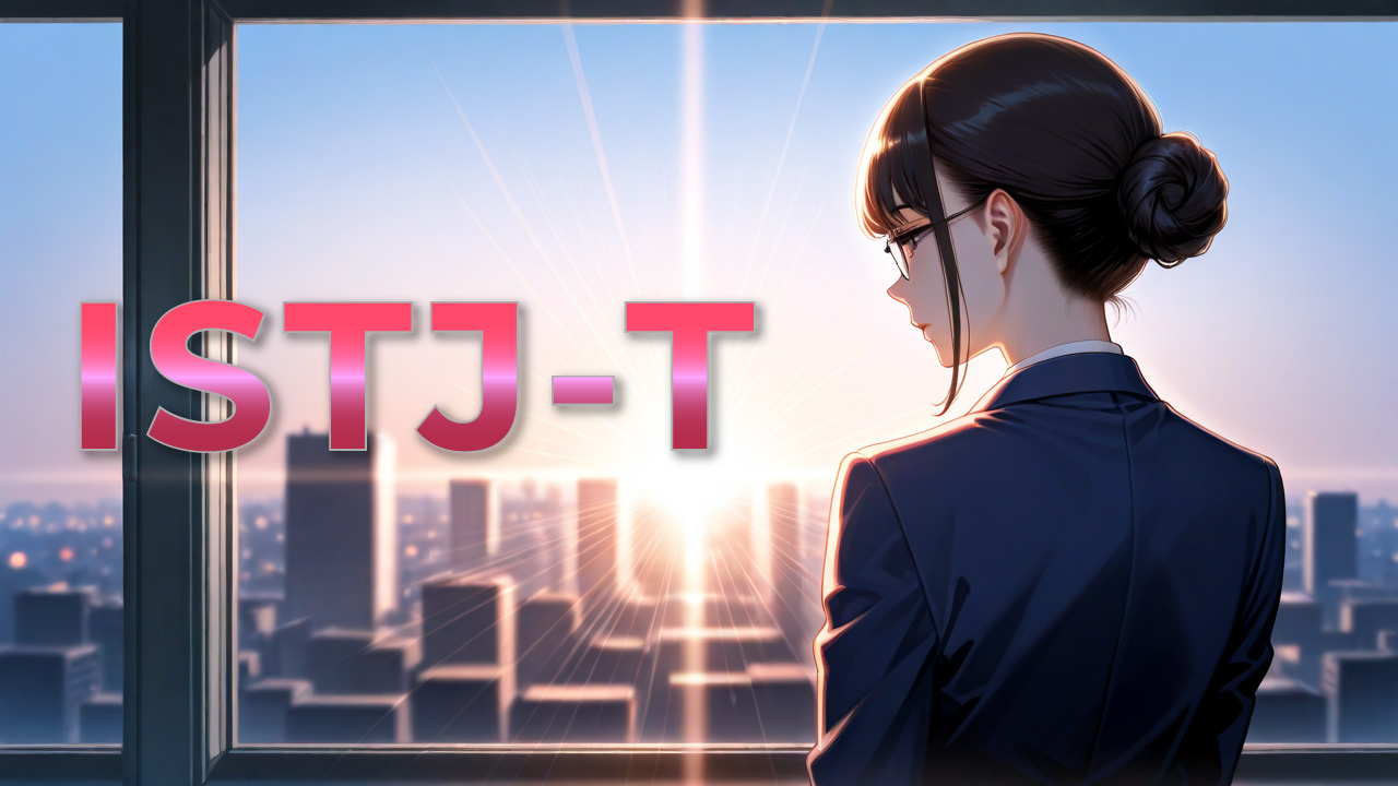 窓辺で夕日を見つめるスーツ姿のISTJ-T女性をイメージしたアイキャッチ画像