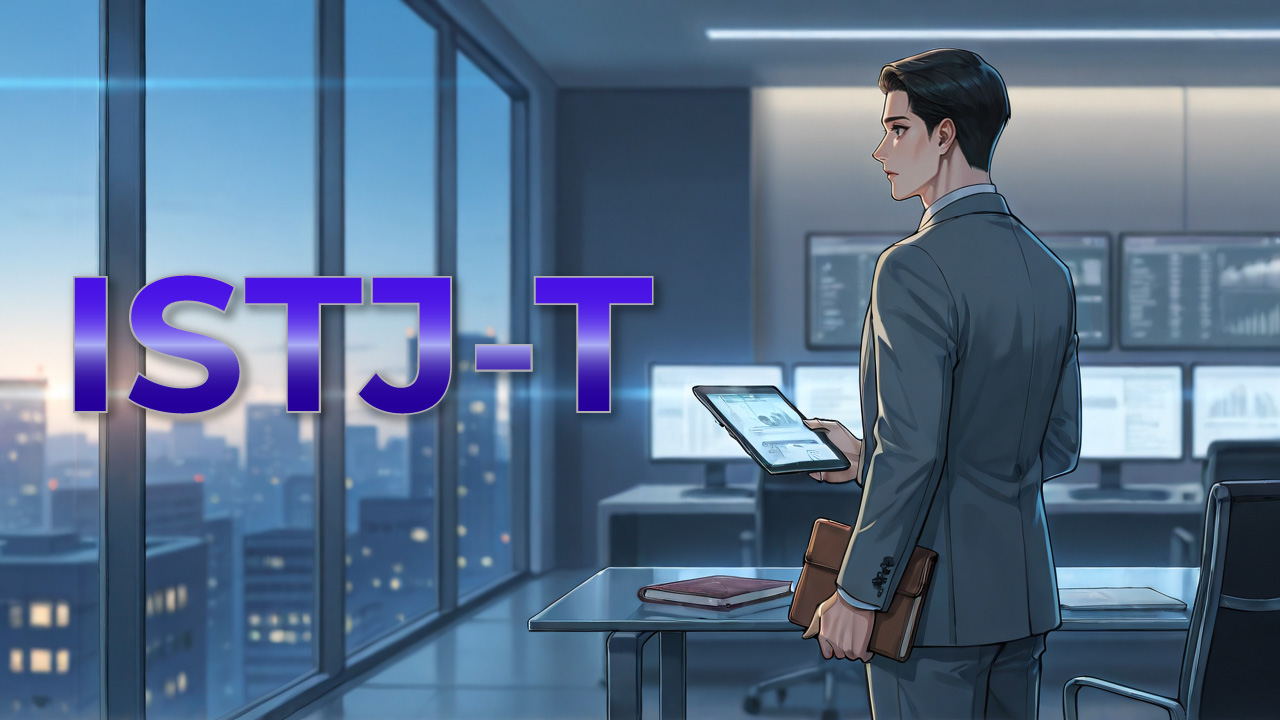 ISTJ-T男性が高層オフィスでタブレットと資料を手に、情報を確認しながら落ち着いて仕事を進める姿を描いたアイキャッチ画像