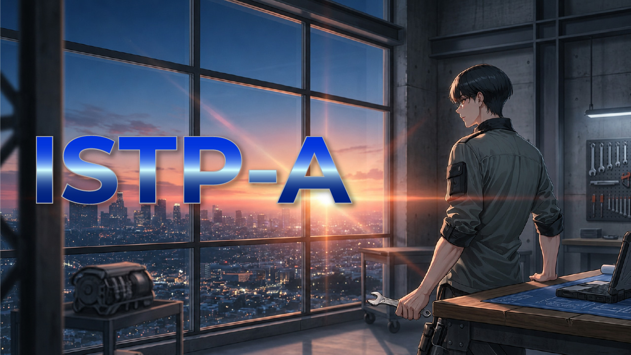 夕暮れの工房で工具を手に窓の外を見つめるISTP-A男性のイメージ。冷静で実践力があり、自由を大切にする職人気質な雰囲気を表したアイキャッチ画像。