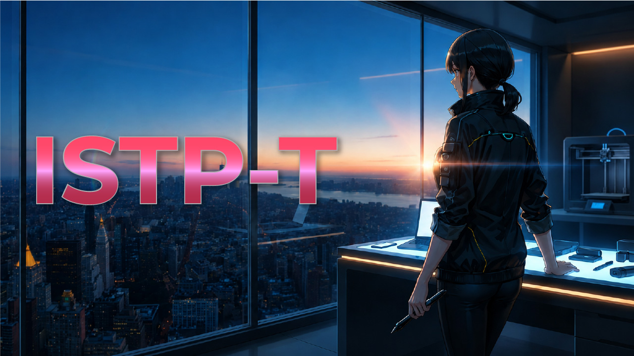 夜景を望む作業スペースでツールを手に立つISTP-T女性のイメージ。冷静で自立心があり、実践力と自由な感性を大切にする雰囲気を表したアイキャッチ画像。
