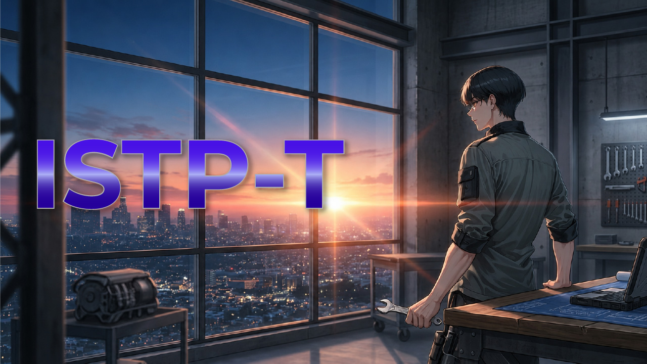 夕暮れの工房で工具を手に窓の外を見つめるISTP-T男性のイメージ。冷静で実践力があり、自由を大切にする職人気質な雰囲気を表したアイキャッチ画像。