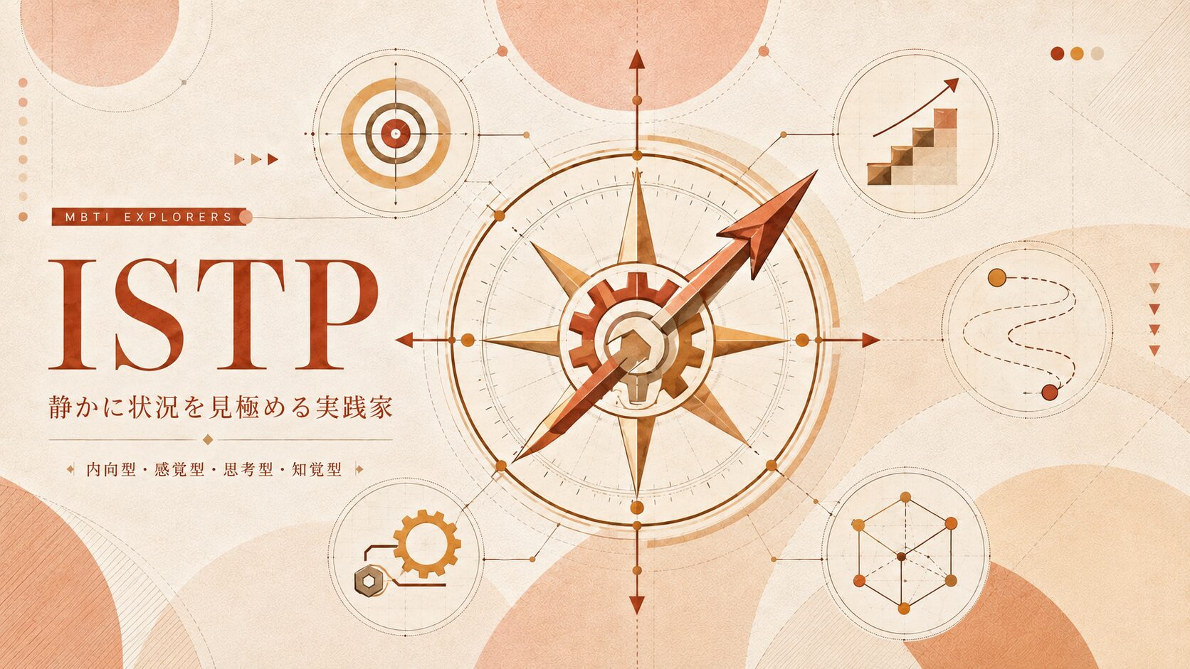 ISTPの状況を見極めて必要な部分を確かめながら動く特徴を、コンパス、矢印、歯車、ターゲット、ルート図、構造図のモチーフで表現したアイキャッチ画像