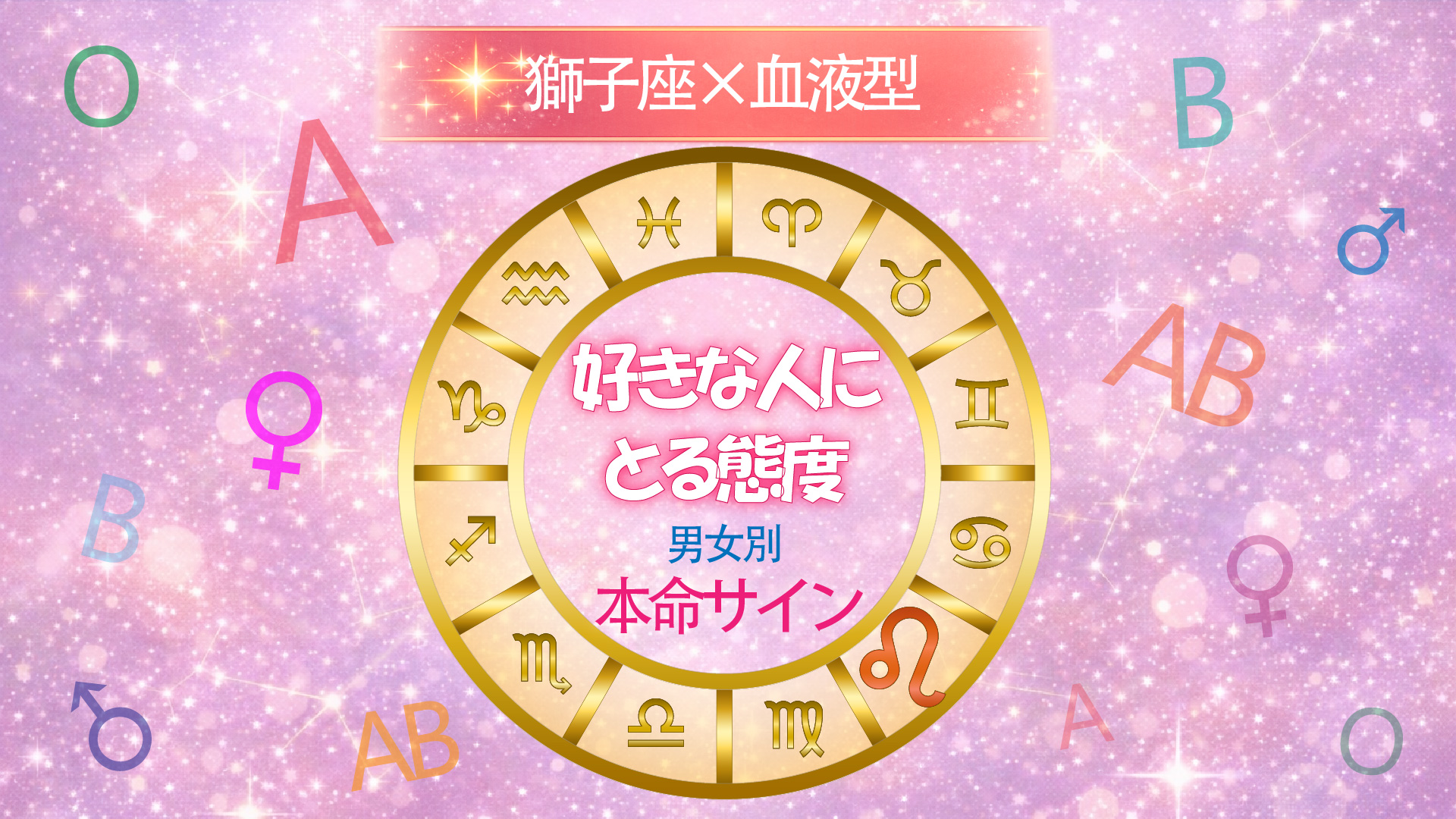 獅子座×血液型の好きな人にとる態度を男女別でまとめた円形ホイールデザインのアイキャッチ画像