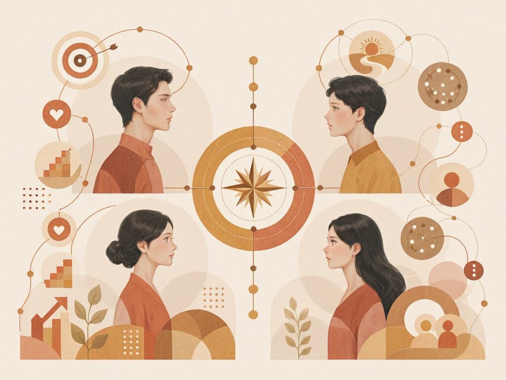 MBTIタイプ探検家(ISTP・ISFP・ESTP・ESFP)をA/Tと男性・女性の組み合わせで4タイプに分け、それぞれの特徴の違いを4人の人物で表現したイラスト