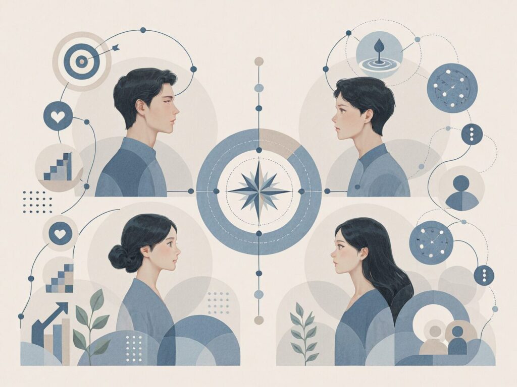 MBTIタイプ番人（ISTJ・ISFJ・ESTJ・ESFJ）をA/Tと男性・女性の組み合わせで4タイプに分け、それぞれの特徴の違いを4人の人物で表現したイラスト