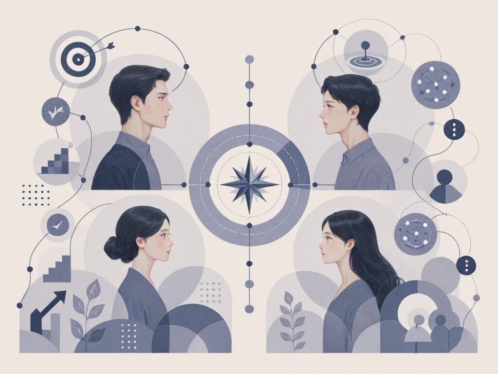 MBTIタイプ分析家（INTJ・INTP・ENTJ・ENTP）をA/Tと男性・女性の組み合わせで4タイプに分け、それぞれの特徴の違いを4人の人物で表現したイラスト