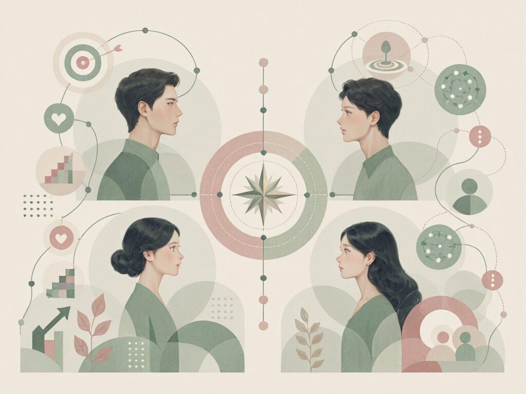 MBTIタイプ外交官(INFJ・INFP・ENFJ・ENFP)をA/Tと男性・女性の組み合わせで4タイプに分け、それぞれの特徴の違いを4人の人物で表現したイラスト