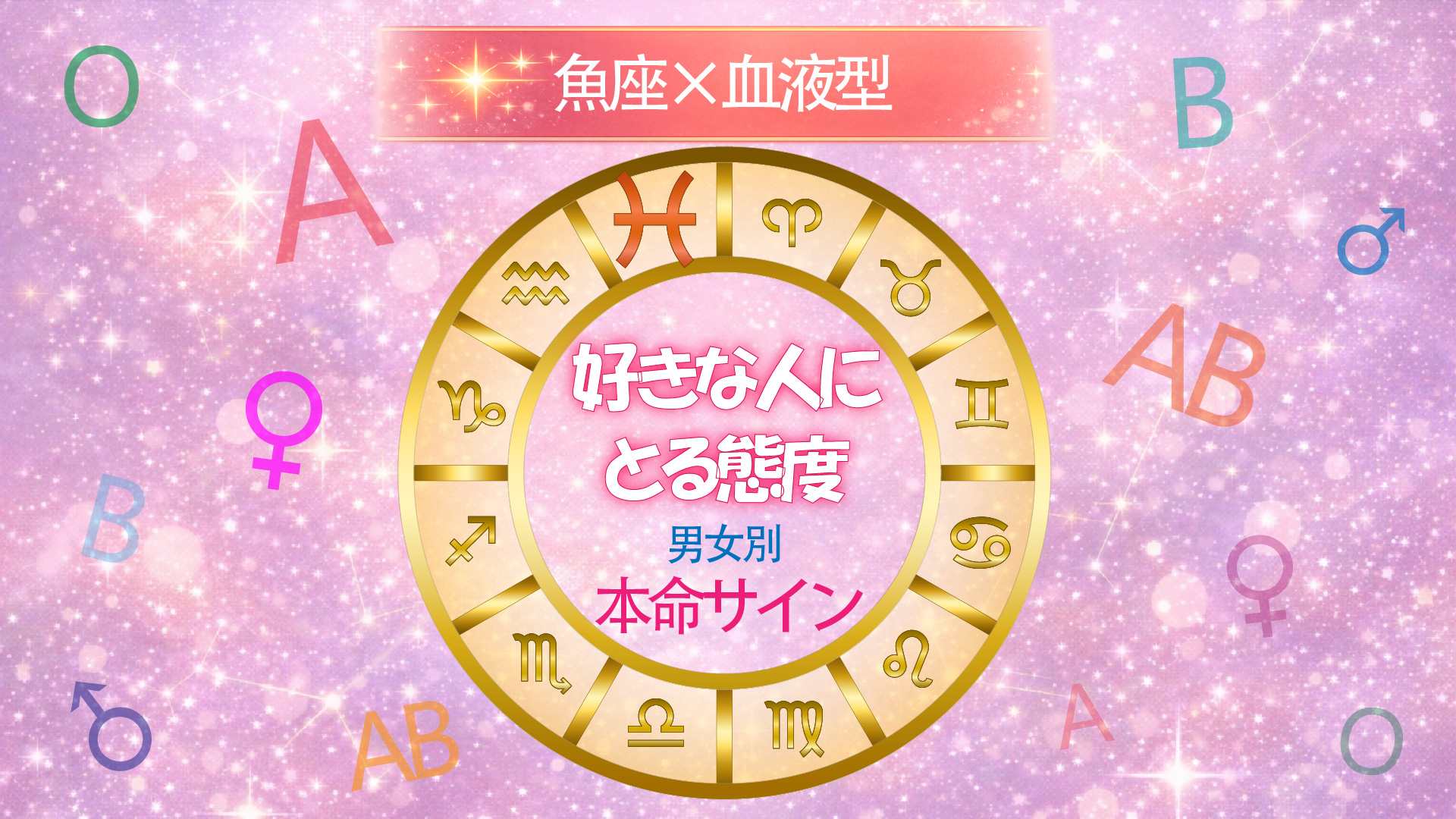 魚座×血液型の好きな人にとる態度を男女別でまとめた円形ホイールデザインのアイキャッチ画像