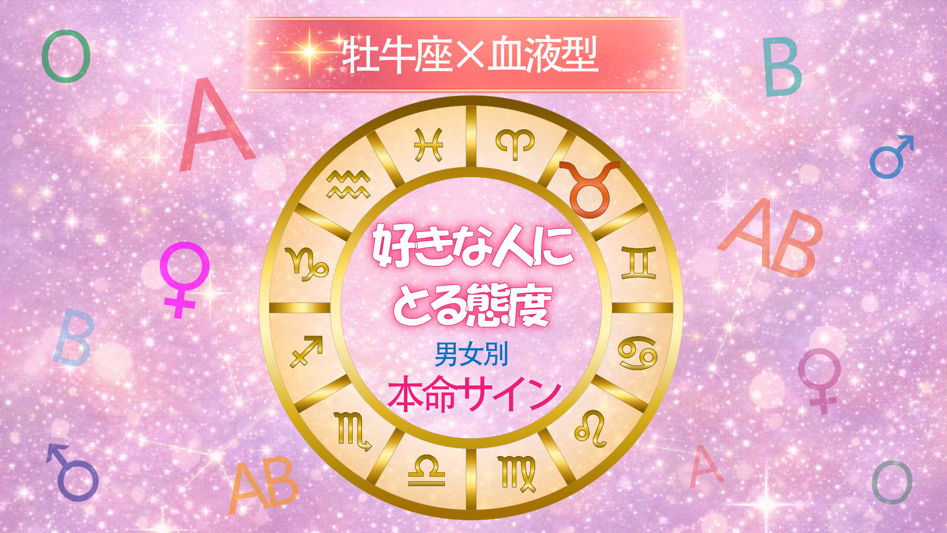 牡牛座×血液型の好きな人にとる態度を男女別でまとめた円形ホイールデザインのアイキャッチ画像